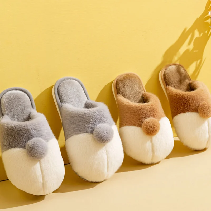 Winter Fashion Cute Dog Plush Women's Animal Slippers Kava Plush Thermal Slippers Couple Shoes Indoor Non slip Shoes