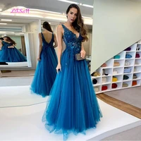 v neck royal blue evening dresses 2022 fashion tulle appliques sleeveless prom gowns long abendkleider robes de soir%c3%a9e