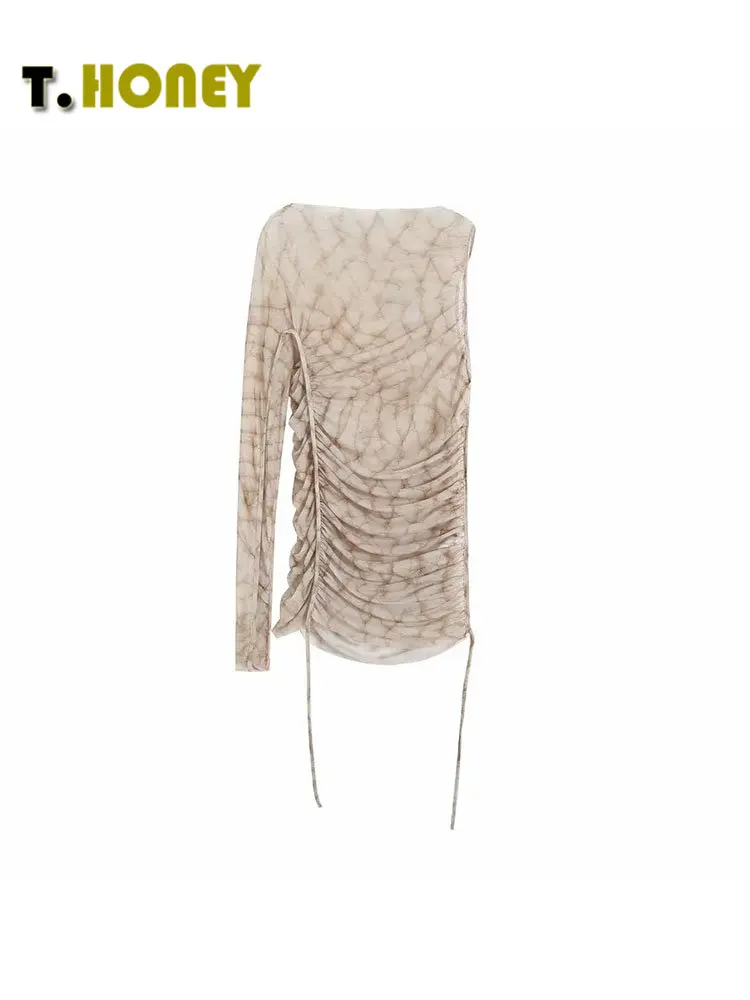 

TELLHONEY Women Fashion O-Neck Asymmetrical Silk Net Print Top Female Casual Long Sleeve Slim Fitting Pleats Pullover