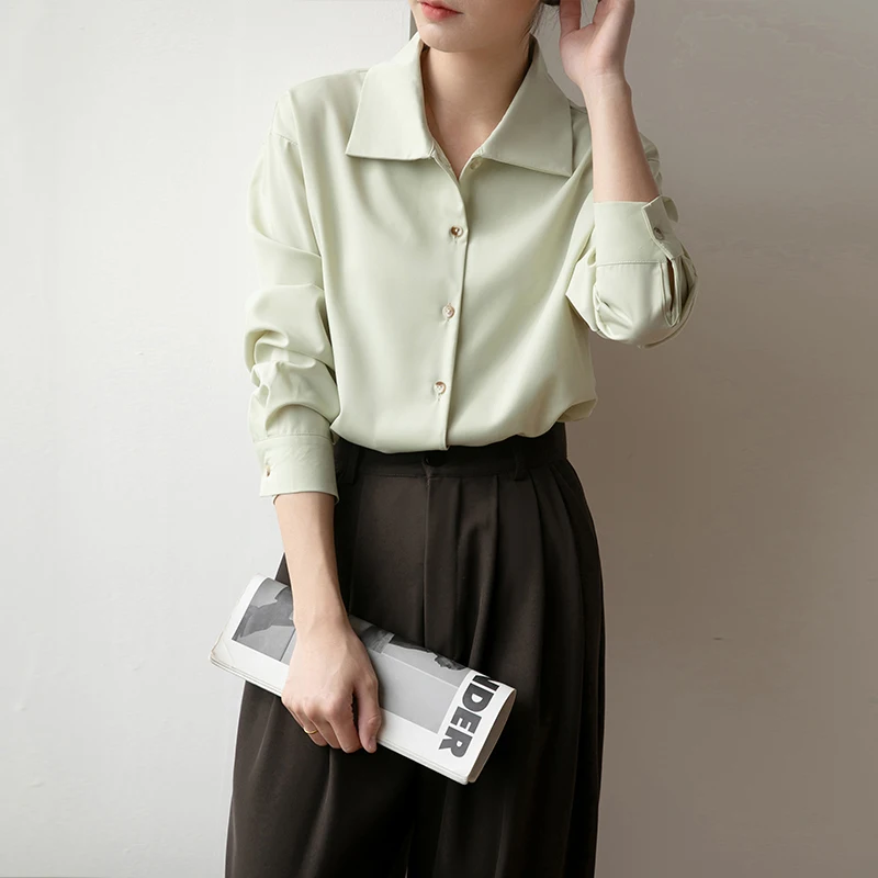 Женская однобортная рубашка свободная однотонная офисная во французском стиле с