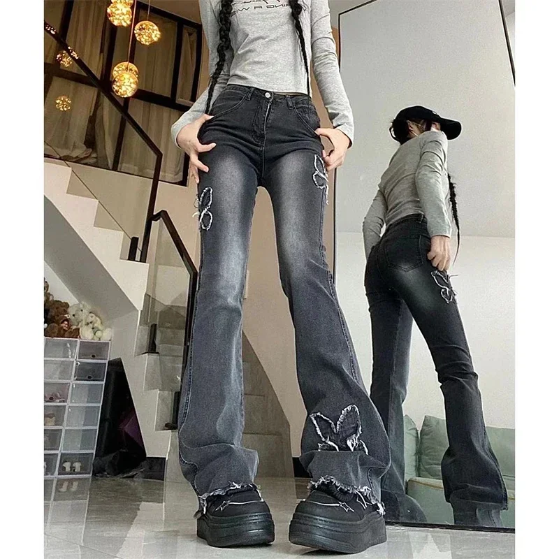 

Y2K корейские серые черные узкие джинсы Acubi расклешенные брюки гранж винтажные брюки с высокой талией и широкими штанинами джинсовые штаны женские одежда в стиле эмо