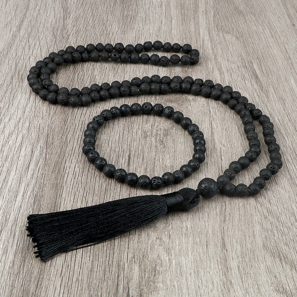 

Black Lava 108 Japamala Beaded Necklace 6mm Natural Rock Stone Knotted Necklaces Meditation Yoga Blessing Long Tassel Jewelry