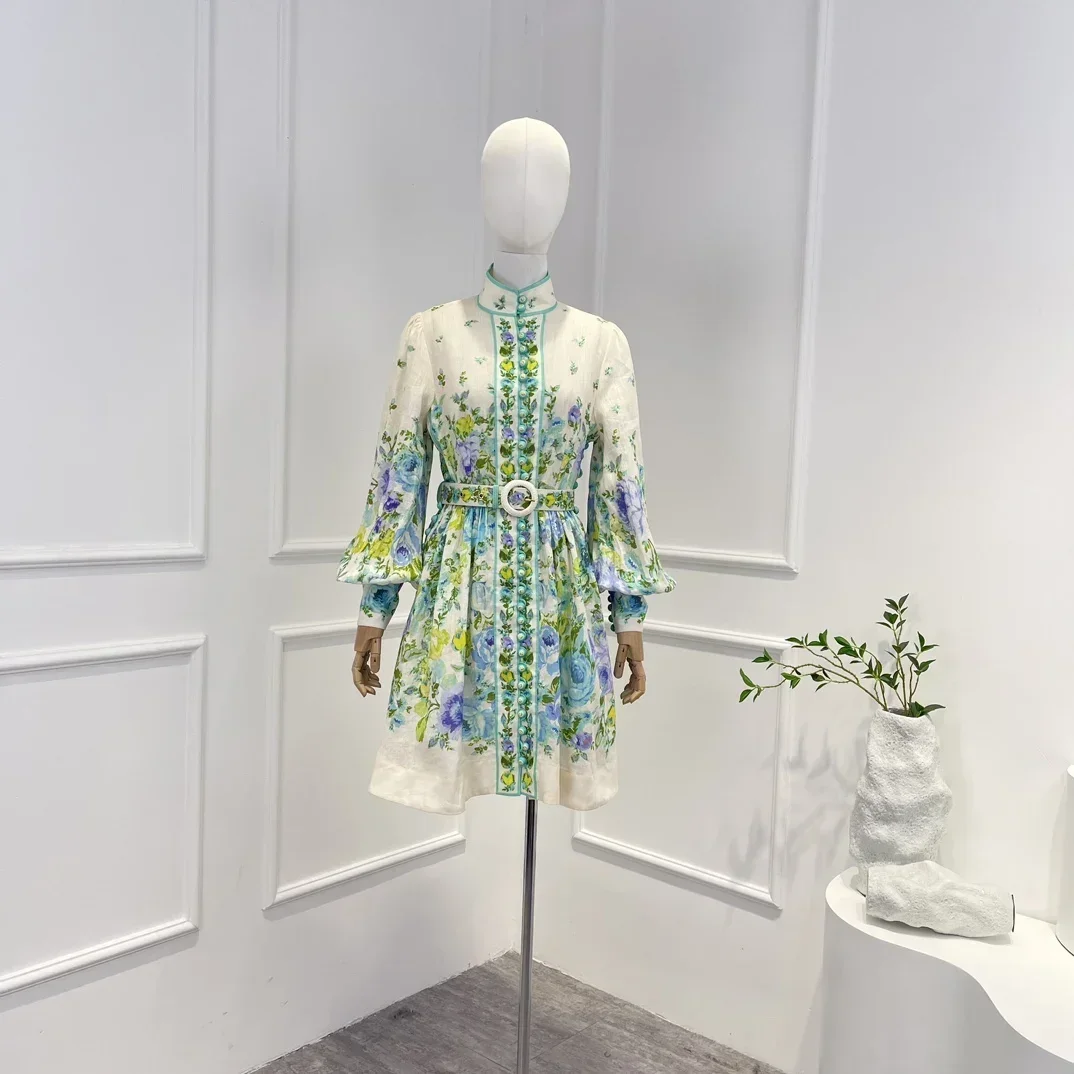 

Hot Sale Light Blue Floral Print Mini Dress with Belt Top Quality Linen Vintage Graceful Mandarin Collar Woman Holiday Clothes