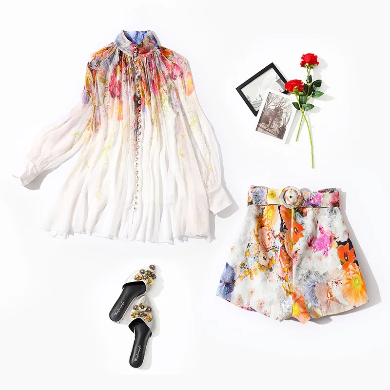 

Shorts Suits Autumn 2022 New Fashion Casual Printed Stand Collar Long Sleeved Single Breasted Shirt Top + High Waist Shorts Set