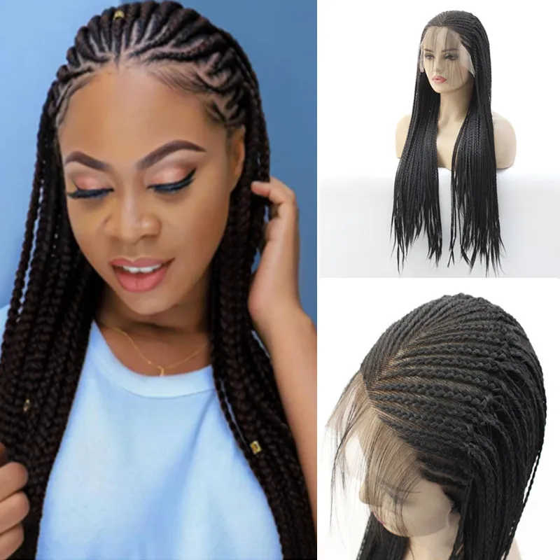 Natural Black 26inch Long13x4 Lace Front Wig Soft Preplucked Braided Wig Braid African Women With Baby Hair Glueless Daily