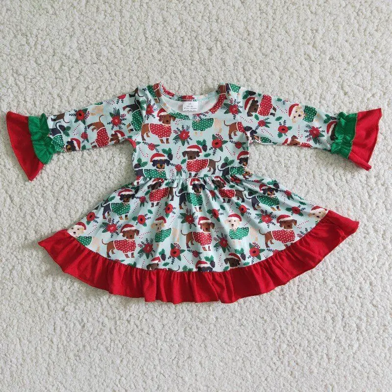 

2022 Christmas boutique autumn girls dress dogs pattern long sleeve ruffle cuff 100% cotton children clothing sets wholesale