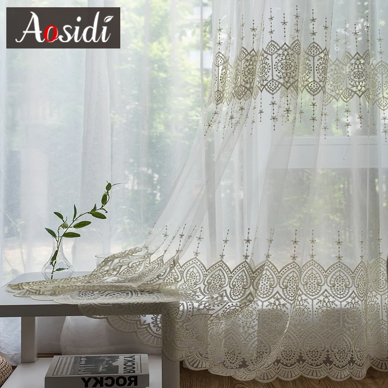 

Hall Luxury Tulle Sheer Curtains For Living Room Bedroom Volie Embroidered Curtains for Windows Door Drapes Cortinas Para Sala