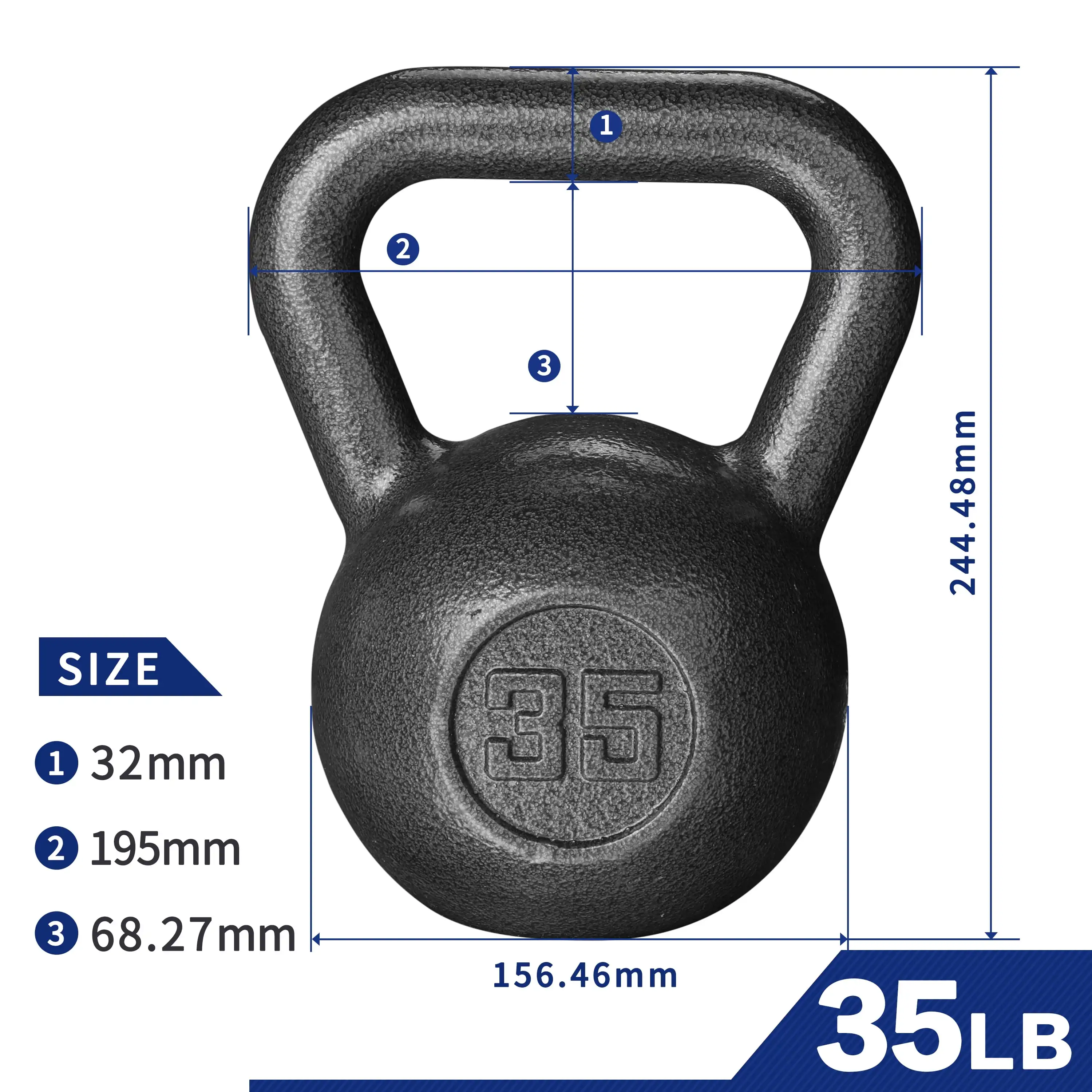 

35lb Kettlebell, Casting Iron, Durable Black Hammertone Finish, Black