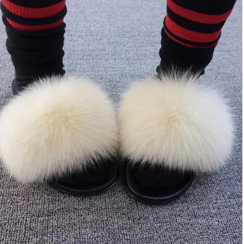 

Real Fox Fur Slides Summer Furry Fur Slippers Indoor House Flat Cute Plush Luxury Women Non-Slip Sandals Woman Shoes Mix Color