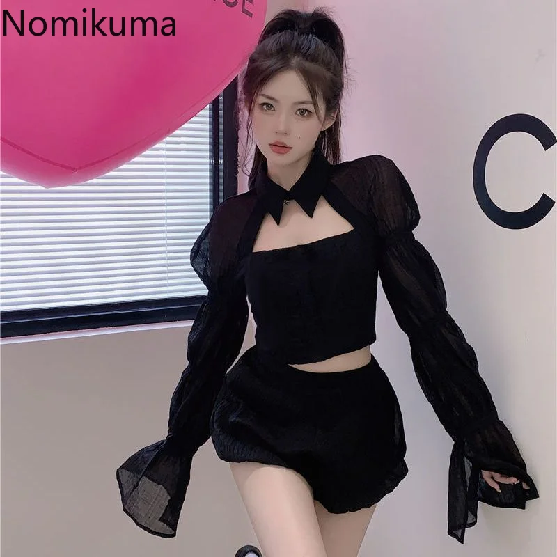 

Nomikuma Blusas Para Mujer Spring Autumn Puff Sleeve Hollow Out Blouses Vintage Elegant Sexy Fashion Casual Shirts for Women