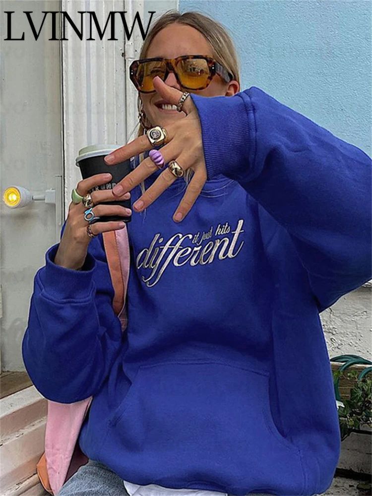 

LVINMW Letter Printing Basic Mode Klein Blue Hooded Pullovers For Girls Big Pocket Long Sleeve Hoodies Autumn Streetwear Tops