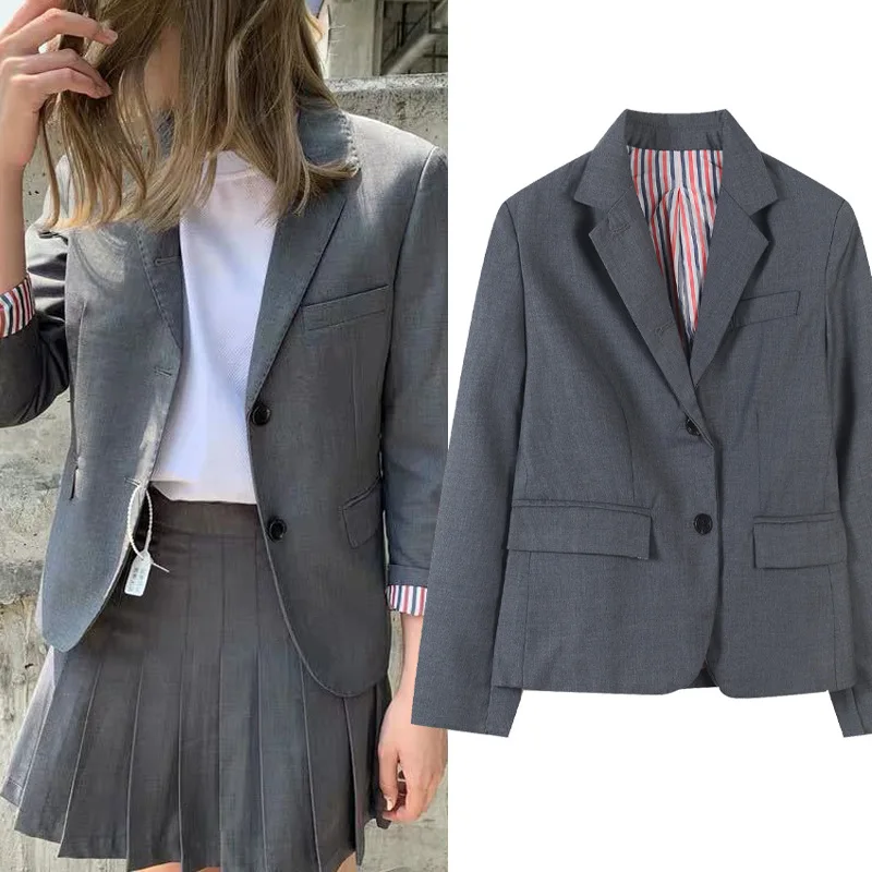 TB gray small suit women's autumn and winter new British style lapel solid color simple casual temperament coat