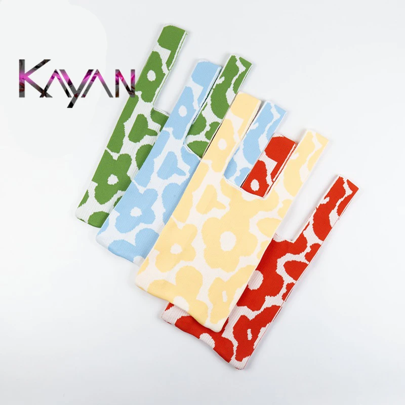 

Flower print Shoulder Woollen Bag checked vest knitted Women Tote Bag woven portable shopping bag Casual female Crochet Bag