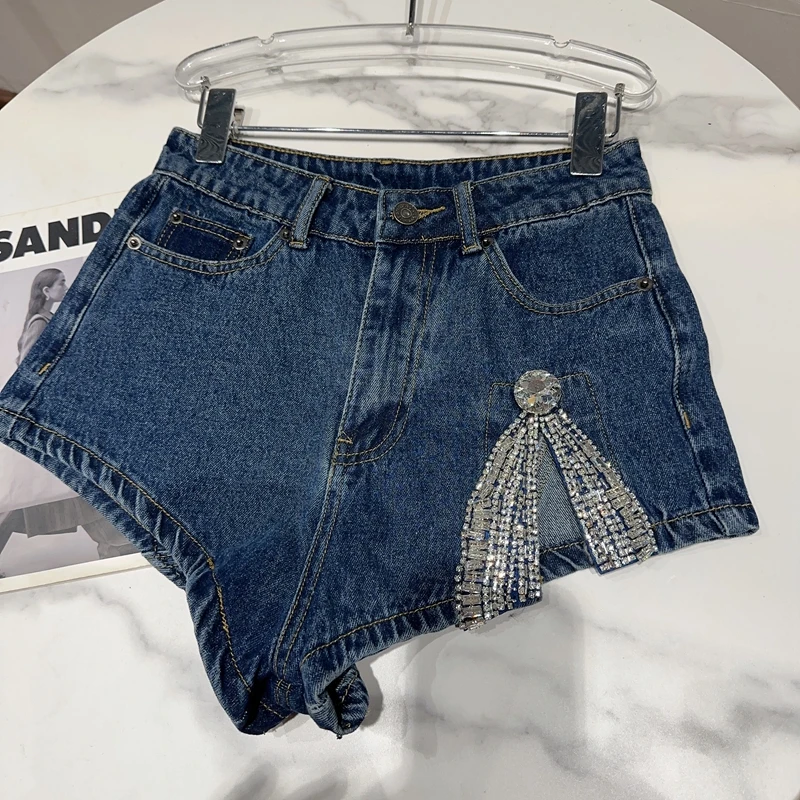 High Waisted Jean Shorts Female 2023 Summer New Rhinestone Bow Split Washed Cotton Ultra Short Jeans Women Clothing Women Shorts