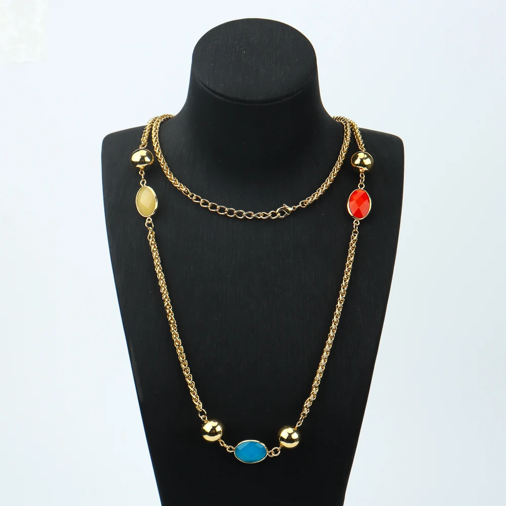 

Long Chain Necklace for Women Bohemian Adjustable Colorful Knotted Long Necklace Round Statement Necklace Gifts for Mother