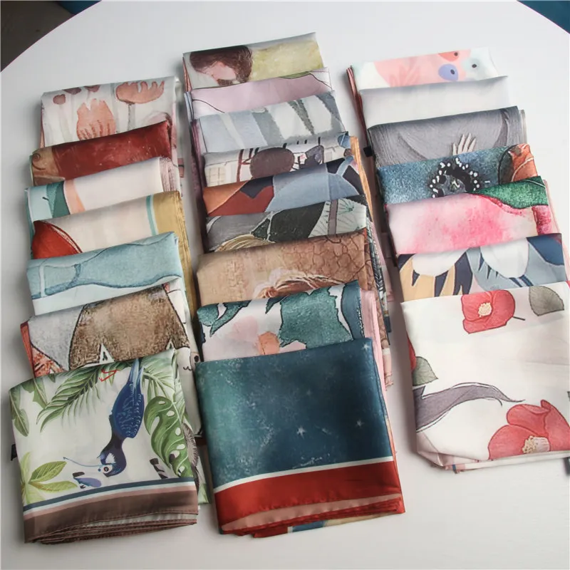 

Fashion Hijab Scarf For Ladies Cartoon Print Kerchief Satin Bag Scarfs Female 53*53cm Small Hairband Cute Neck Scarves For Women