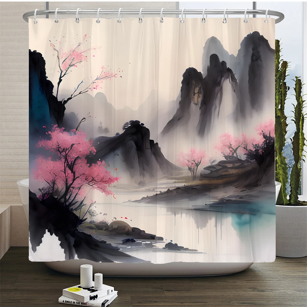 

Chinese style Ink landscape Bathroom Curtain Scenery Shower Curtain Bathroom Partition Waterproof Shower Curtains with Hooks