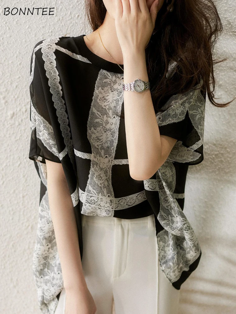 

Blouses Women Patchwork Breathable Casual Daily Loose Femme Retro All-match Raglan Sleeve Stylish Ulzzang Simple Design Summer