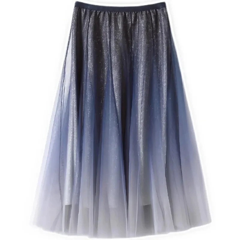 

Skirts Womens Starry Sky Gradient Color Mesh Korean Style Fairy Gauze Skirt High Waist A-line Pleated Skirt Faldas Mujer Moda