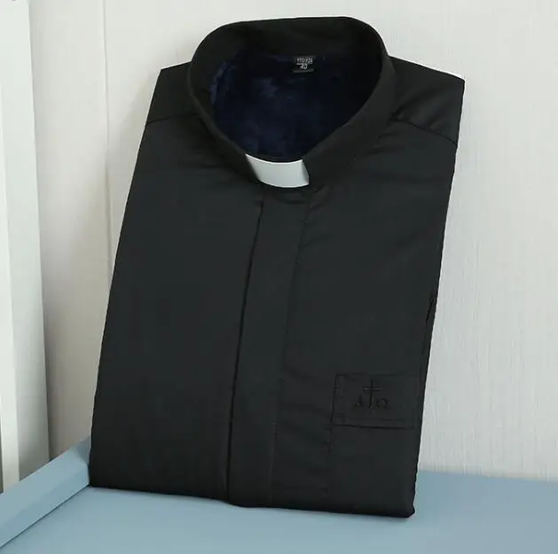 Christian Priest Shirt Long Sleeve Autumn Blouse Black Priesthood Velvet Thermal Roman Men Work