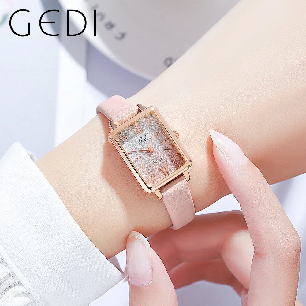 GEDI Fashion Pink Women Quartz Watches Top Brand Luxury Leather Strap Bling Desert Dial 3Bar Waterproof Woman Wrist Watch Clock