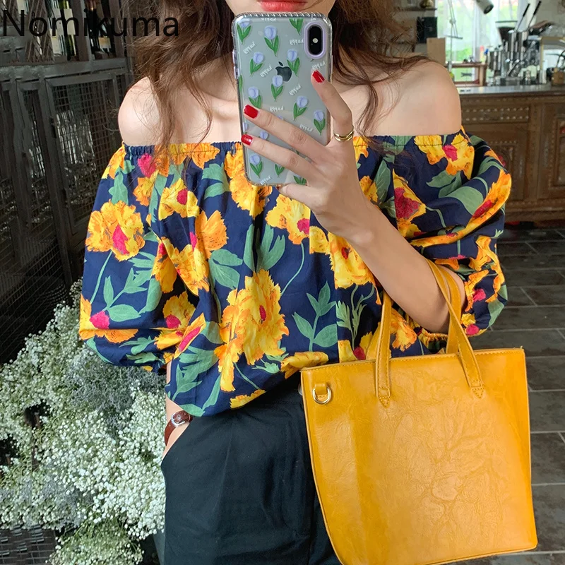 

Nomikuma Blusa Feminina Summer Puff Sleeve Print Off Shoulder Loose Blusas Mujer Bohemian Sexy Vintage Fashion Roupas Femininas