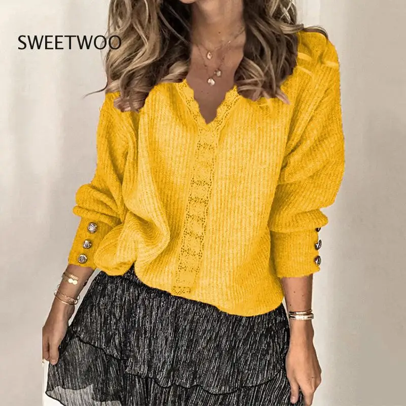 

2022 Autumn and Winter New Lace V Neck Pullover Sweater for Women Vintage Simple Casual Loose Solid Color Knitted Top Sweaters