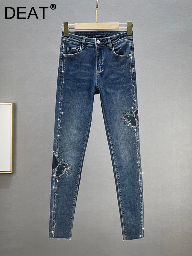 

DEAT Women Jeans High Waist Stretch Slim Butterfly Diamond Hot Fix Rhinestone Denim Pencil Pants 2023 Summer New Fashion 29L2144