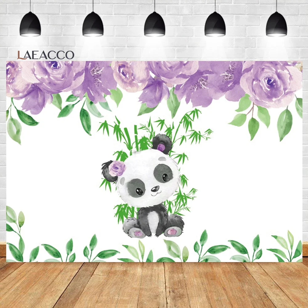 Laeacco Cute Panda Birthday Backdrop Purple Watercolor Flower Bamboo Girl Baby Shower Portrait Customized Photography Background