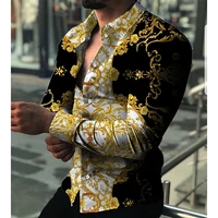 2022 hot sale fashion men oversized casual shirts floral rattan print long sleeve tops mens retro cardigan shirts high quality