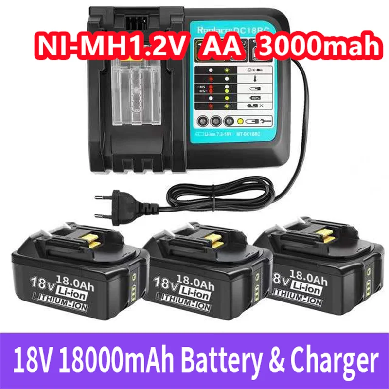 

Аккумуляторная батарея для электроинструментов Makita, 18 в, 18000 мАч, со стандартным литий-ионным аккумулятором для замены, зарядное устройство LXT, BL1860B, BL1860, BL1850 + 3A