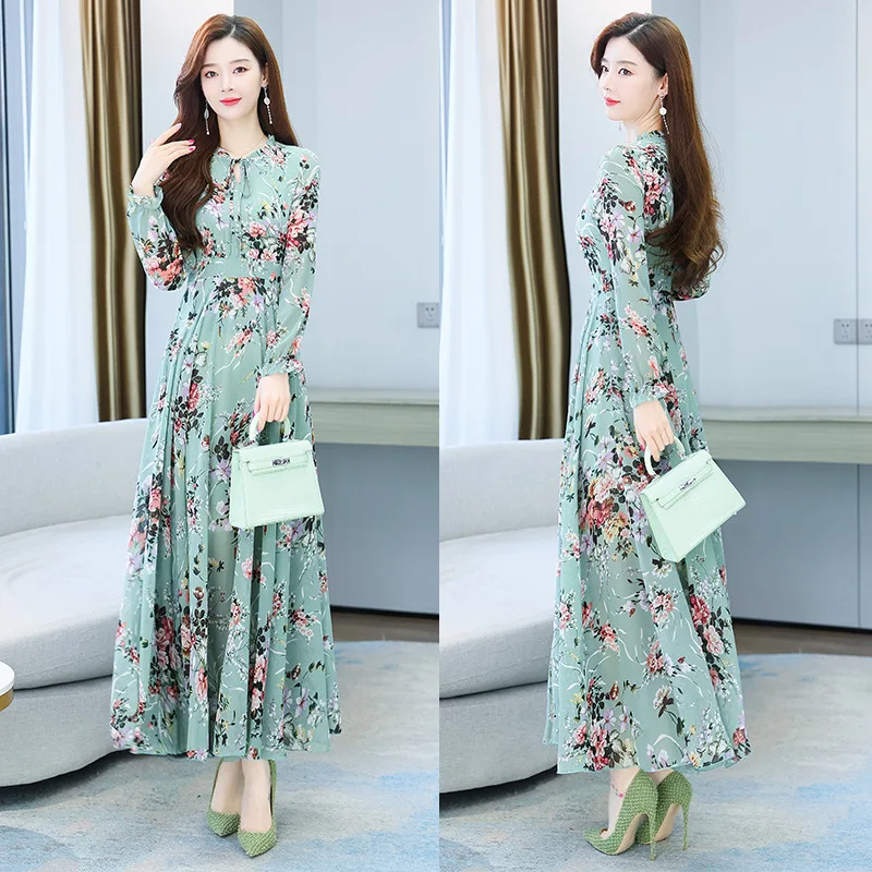 Muslim High Quality Floral Chiffon Women Maxi Dress 2023 Vintage Long Sleeve Party Dress Spring Autumn Boho Beach Muslim Dress