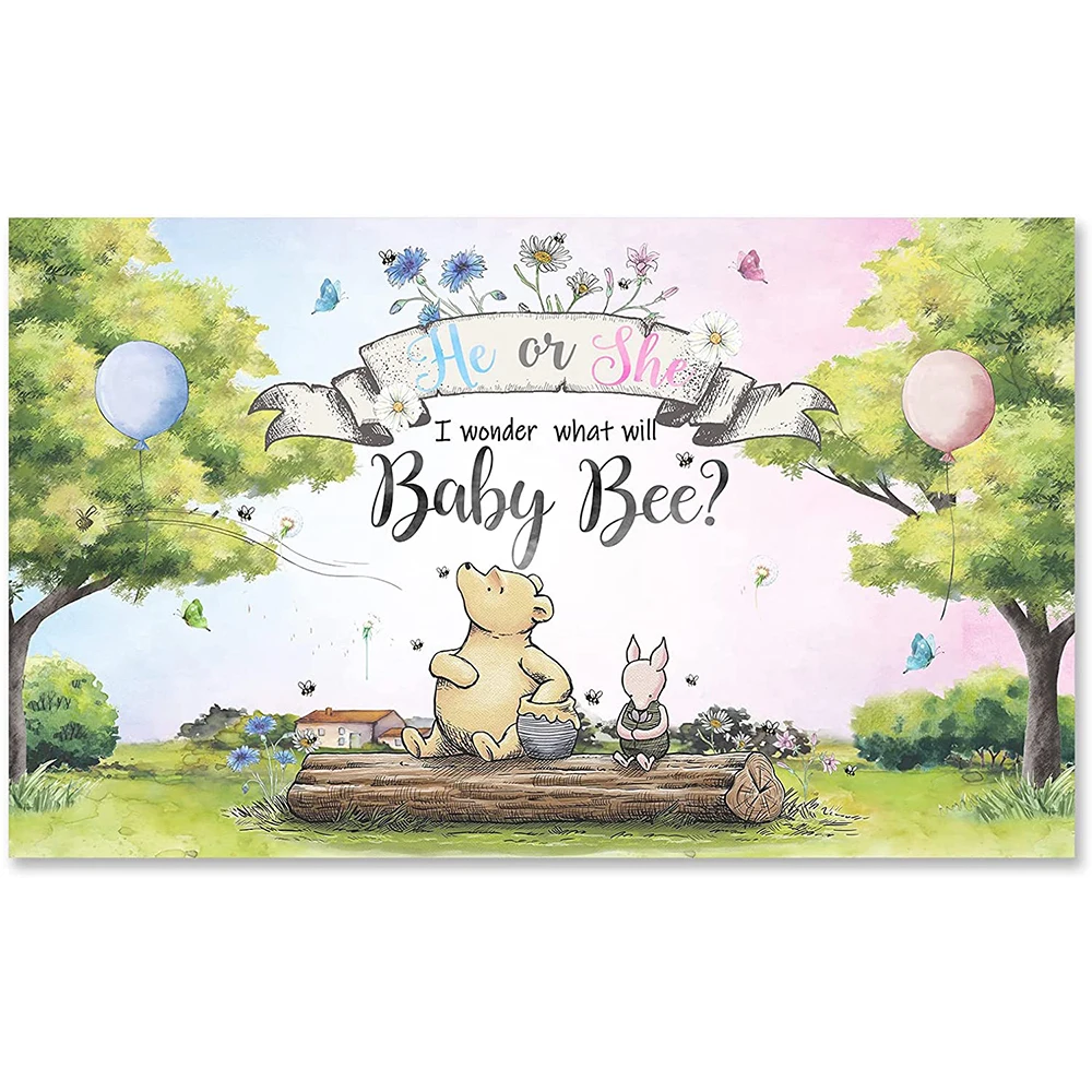 

Bear Baby Shower Party Backdrops Table Banner Blue or Pink Gender Reveal for Photography What Will Baby Be Boy or Girl He or She
