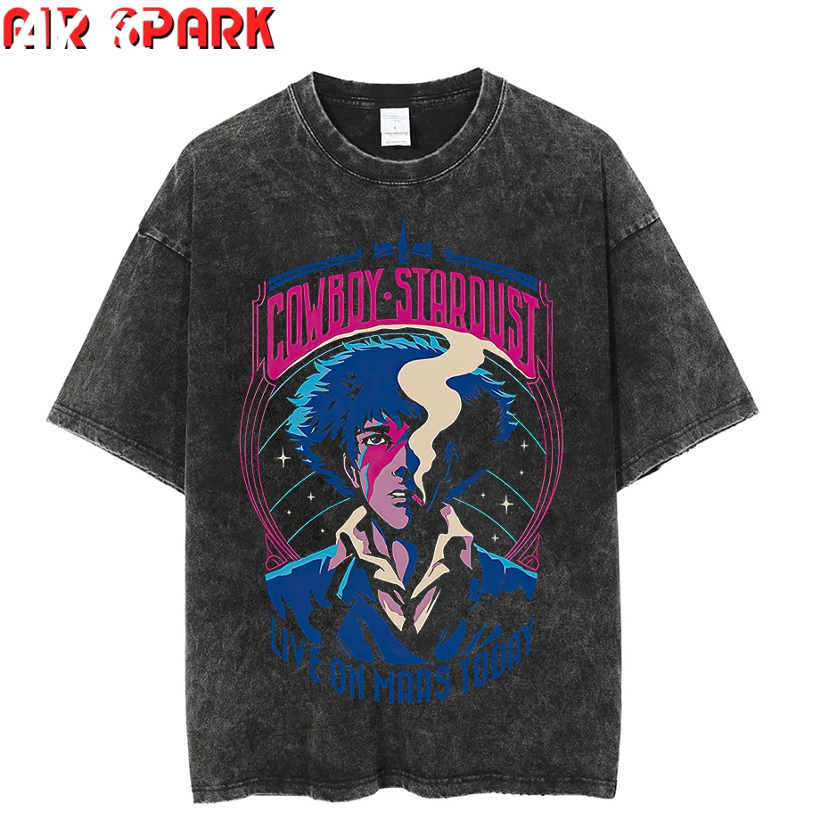 

Винтажная футболка с эффектом потертости, футболка с изображением ковбоя Bebop в стиле аниме, футболка оверсайз в стиле Харадзюку, хлопковая м...