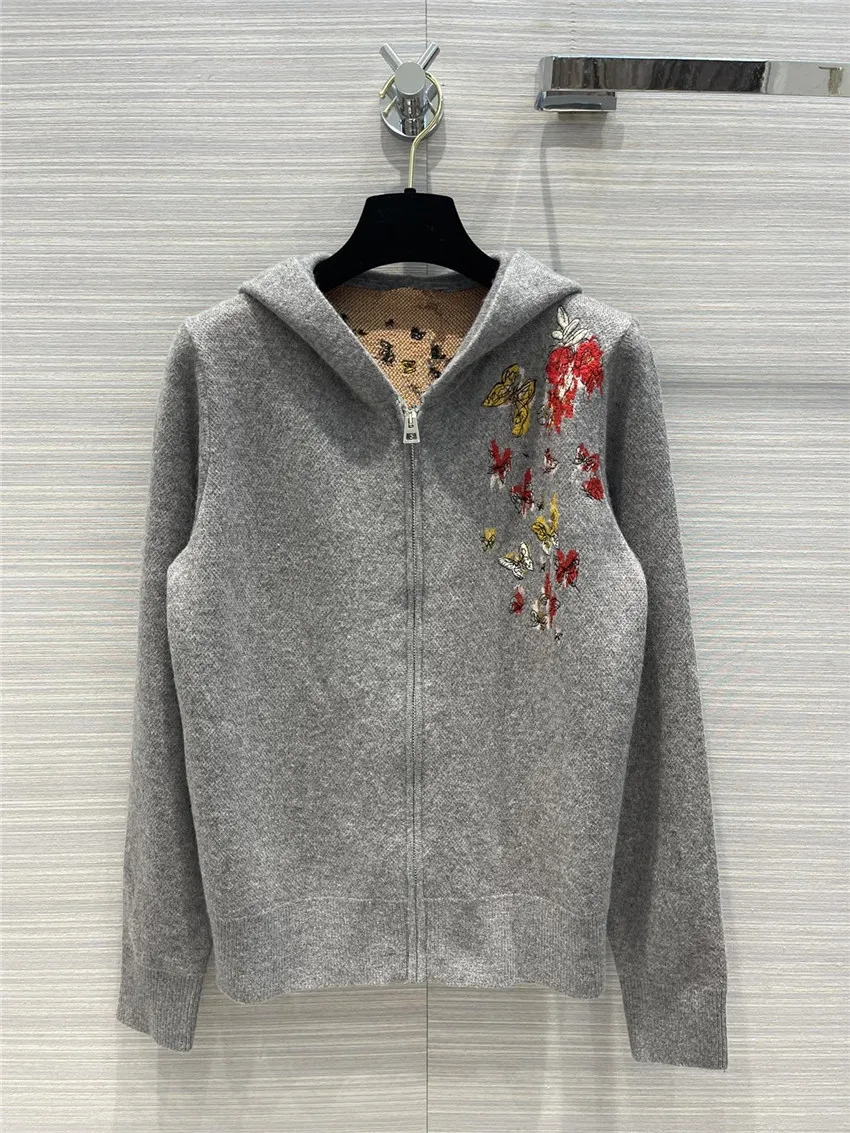

Fashion Designer Cardigan for Women Cashmere Rose Butterfly Embroidery Hooded knitted Sweater