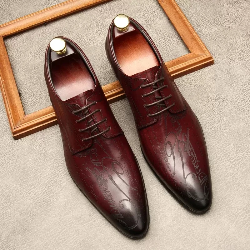 

Men Dress Shoes Genuine Cow Leather Brogue Wedding Shoes Mens Pointed Toe Flats Shoes Brown Burgundy Oxford Shoes For Men Spring