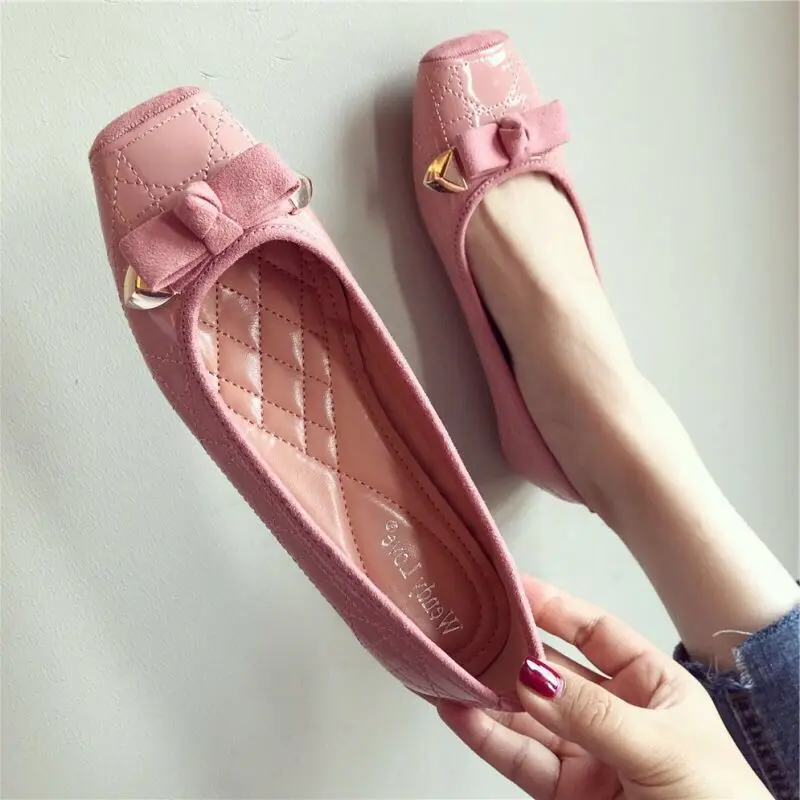 

Shoes for Woman 2023 with Bow Flat Women's Summer Footwear Normal Leather Casual Pink Flats Square Toe Popular Genuine Mark 39 A
