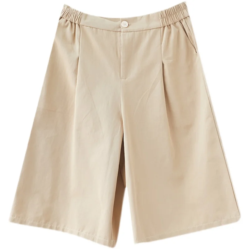 2023 New Summer Casual Loose Ladies Straight Pants Elastic High Waist Solid Knee-Length Wide Leg Pants for Women Black White