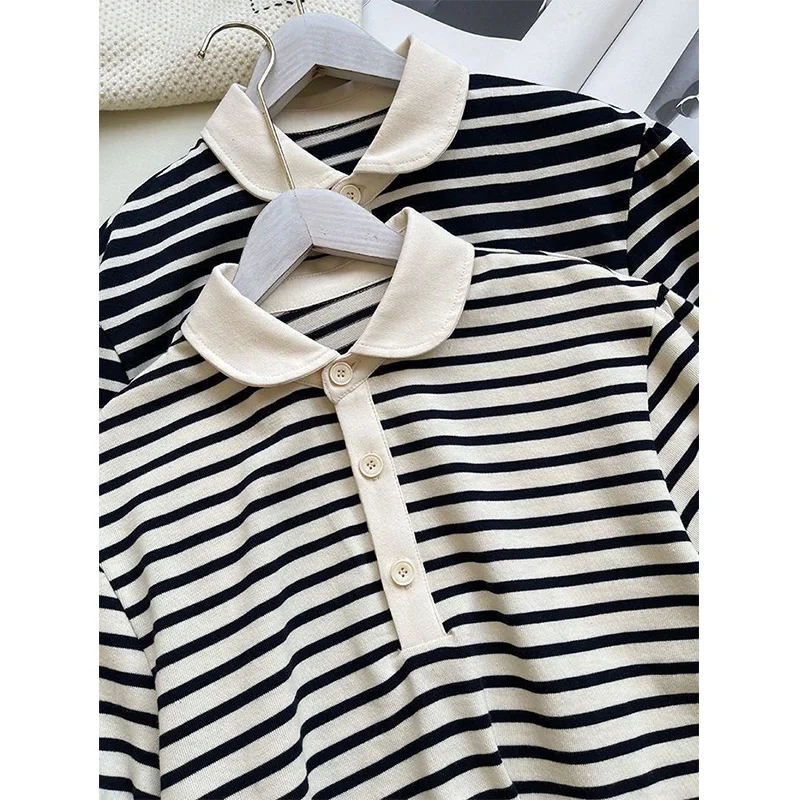 Summer Casual Fashion Striped Printing T-shirt Lasies Short Sleeve Pullover Tops Women Solid Loose Polo-neck Tee Female Clothes images - 6