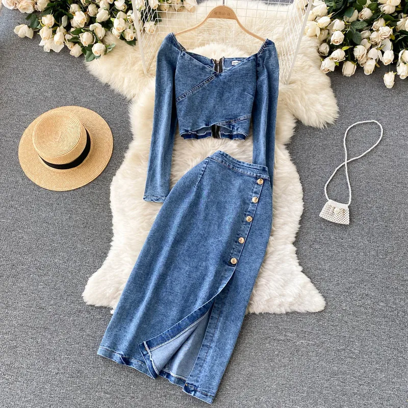 

2022 Spring New Blue Puff Long Sleeve Zipper Denim Short Jacket High Waist Button Split Maxi Skirt Jeans Two Piece Set Women