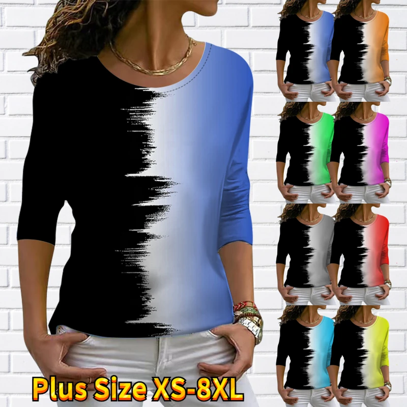 

2022 New Women's Splice Print Long Sleeve Winter Slim Loose T-shirt Autumn Round Neck Fashion Tops Elegant Pullover Tee Shirt