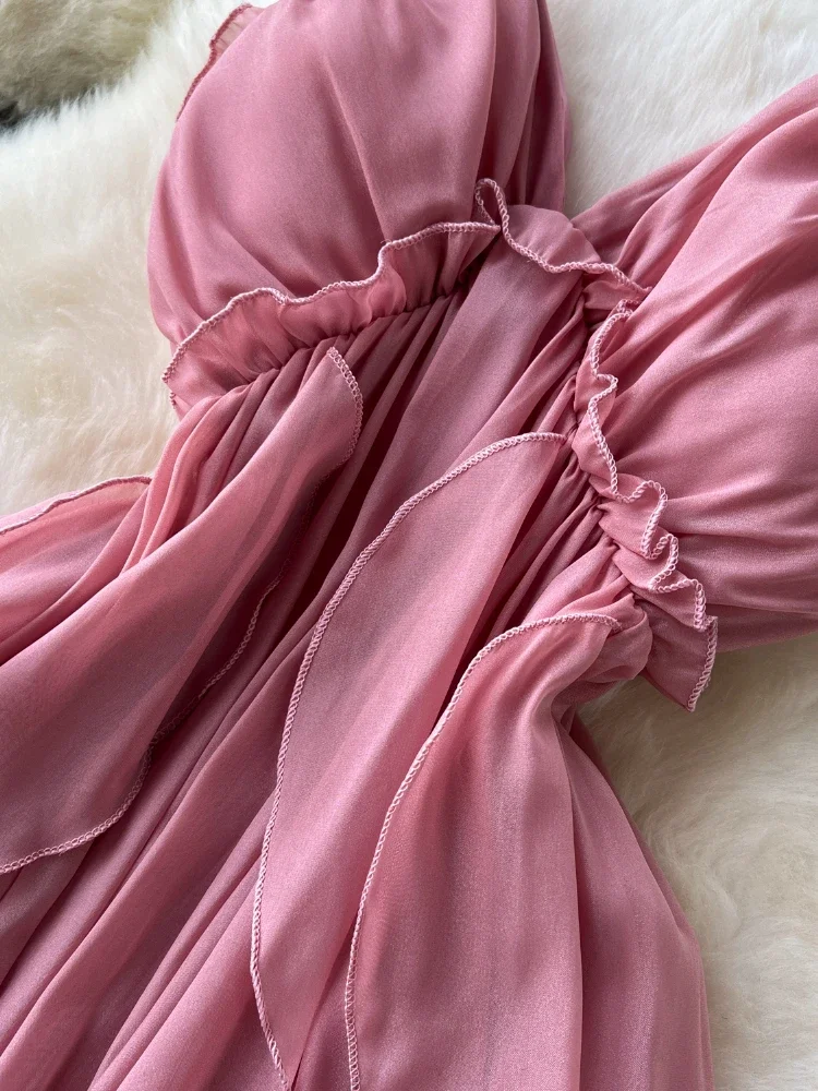 Летнее однотонное милое длинное платье для отпуска женское дизайнерское на