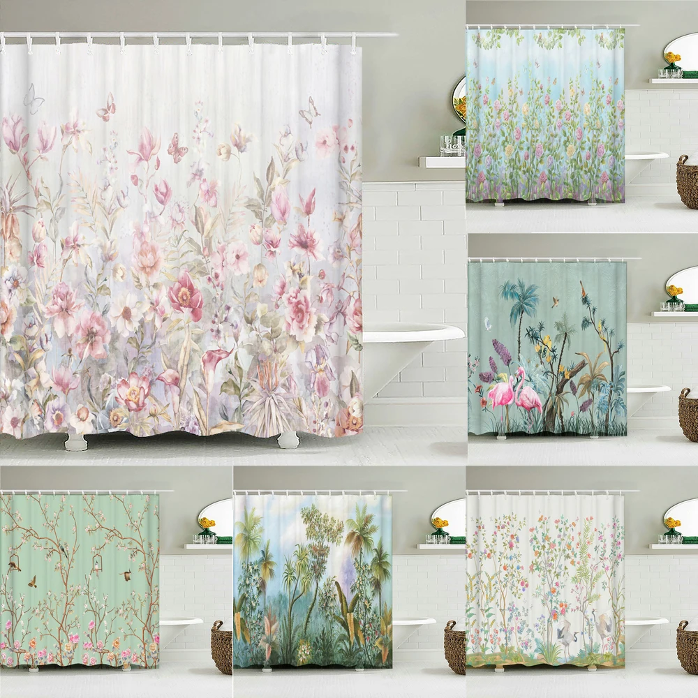 

3D Beautiful flower grass plants birds printing shower curtain polyester waterproof bathroom curtain with hook home decoration