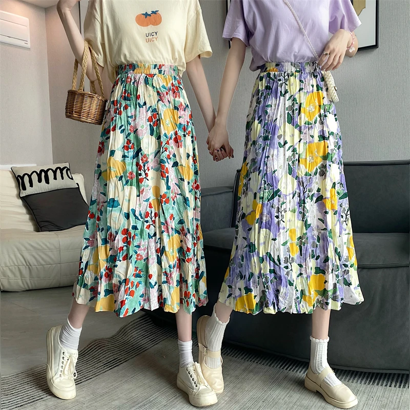 

Pleated Skirts Womens 2022 Summer Fashion Chic High Waist Elastic Print Swing Casual Midi Skirt Female A-Line Jupe