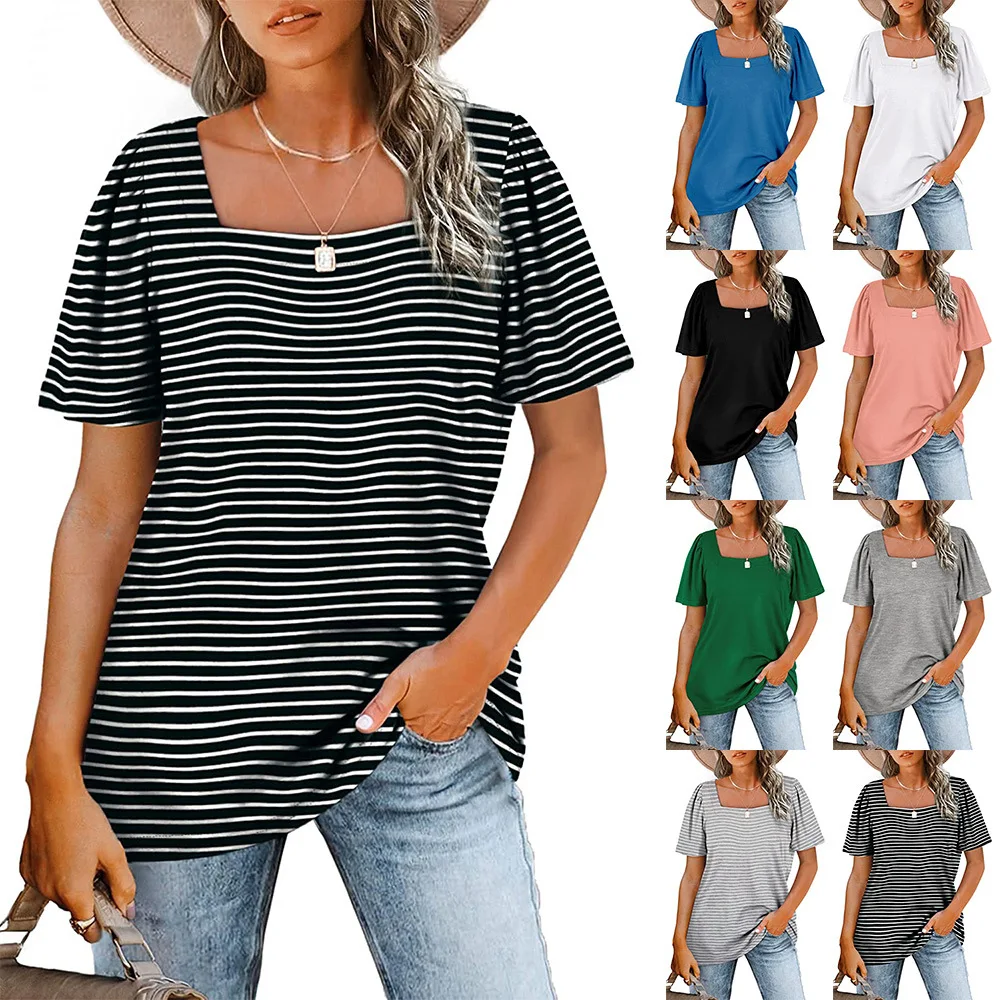 

Casual T-shirt Women Tops Summer New Casual Square Collar Striped Printing Short Sleeve Shirring Loose Top Women's Clothing