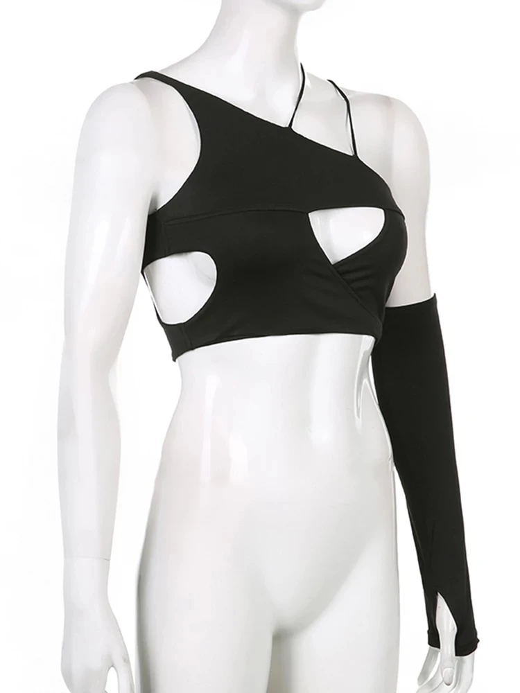 Ажурные сексуальные асимметричные женские футболки Y2k с одним рукавом