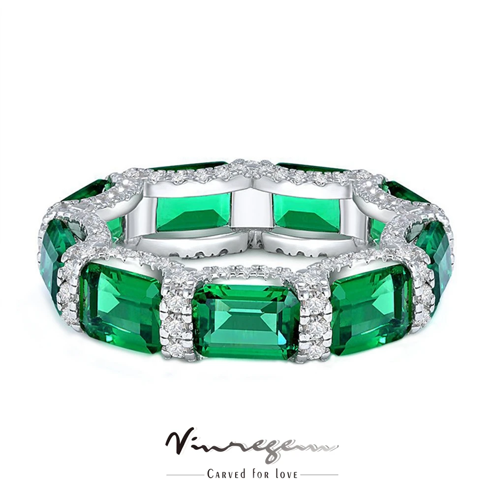 

Vinregem 925 Sterling Silver 5*7MM Emerald Synthetic Moissanite Row Gemstone Wedding Cocktail Ring for Women Gift Drop Shipping