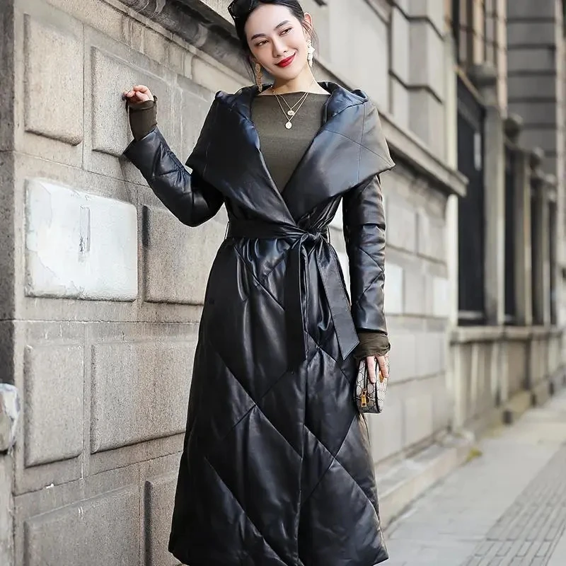 High-End Temperament Leather Down Jacket Women's Winter 2022 New Mid-Length Hooded Parkas Thickened White Duck Down Coat Female
