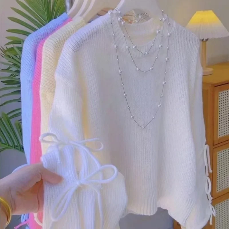 Осенний однотонный вязаный топ ярких цветов с бантом и круглым вырезом женский