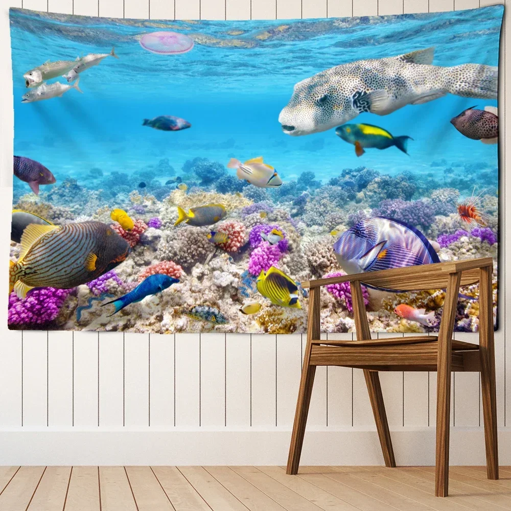 Гобелен с морскими рыбками и кораллами настенный комнатный декор в стиле бохо